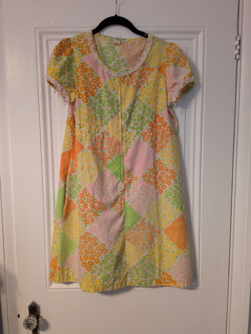 Vintage Women's Gaymode Patchwork Print Short Sleeve Robe - Yellow Multi Pocket